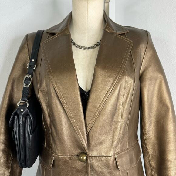 Bronze Metallic Leather Blazer Jacket One Button Size Medium - Picture 4 of 12